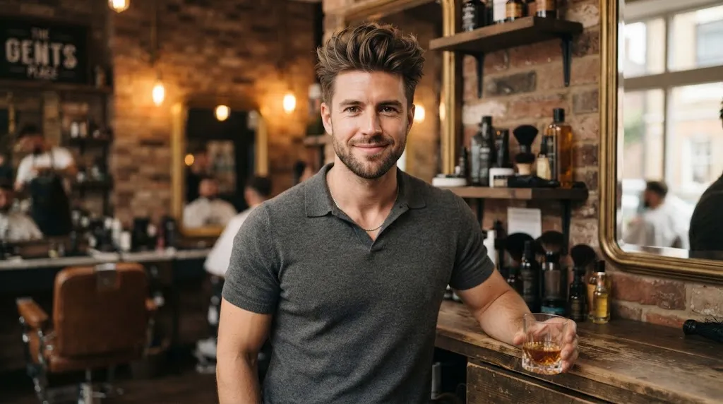 A stylish man with a modern textured quiff hairstyle and clean fade in an upscale barbershop