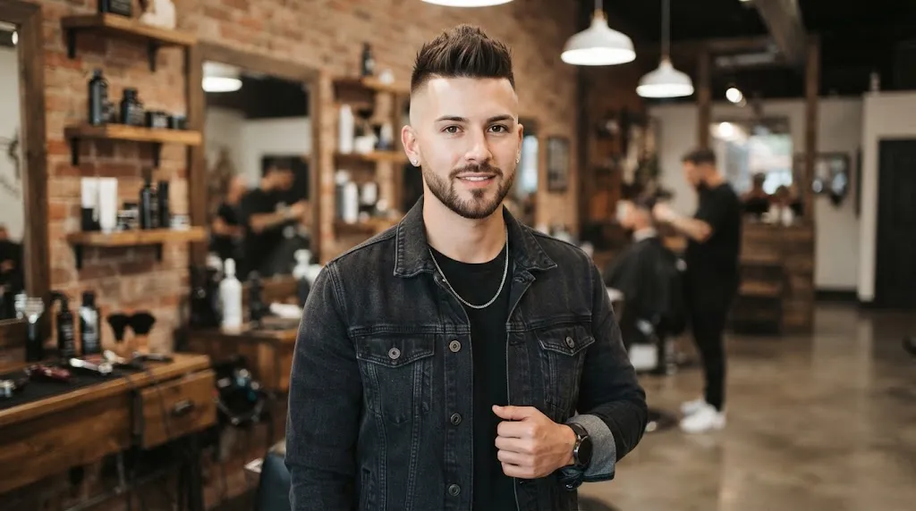 A stylish man with a modern mohawk haircut and clean skin faded sides designed to elongate a round face shape