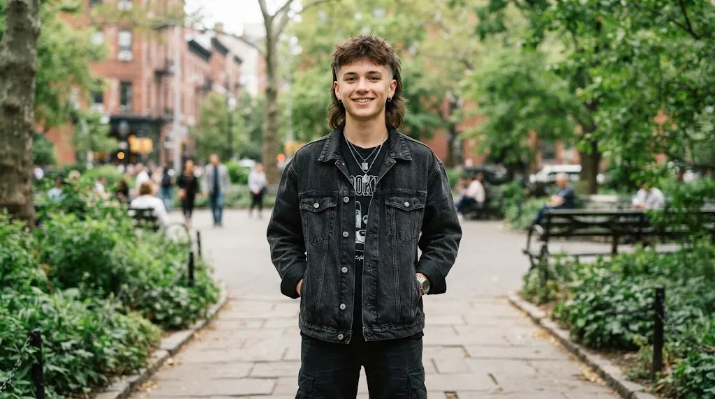 A stylish teenage boy showing off a trendy modern mullet haircut with textured short sides and a flowing back in natural daylight.