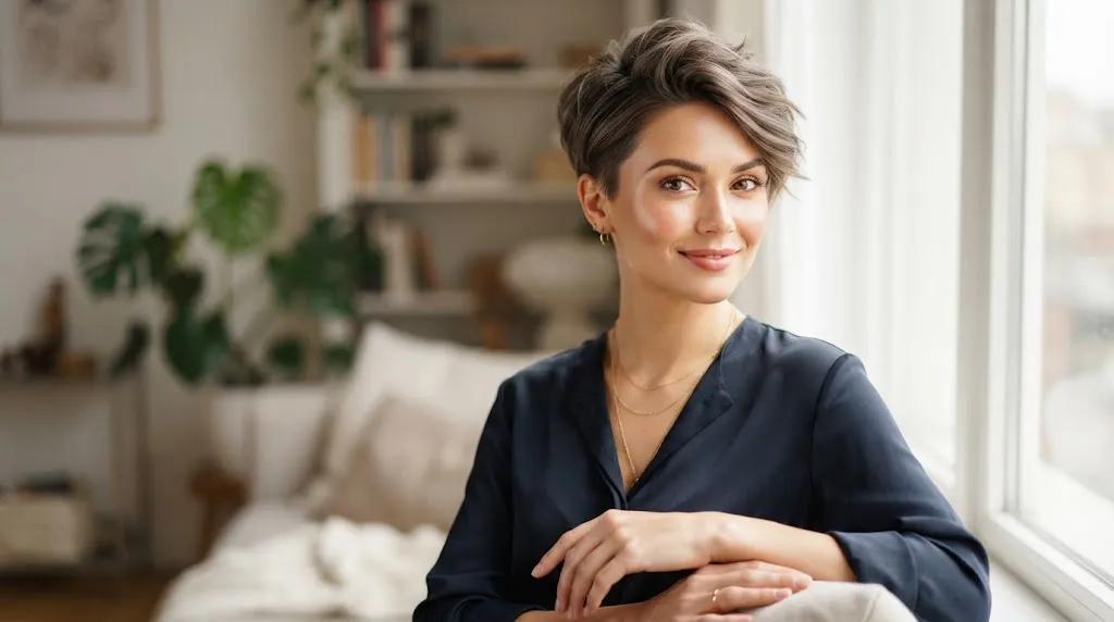 A stylish woman with a modern pixie haircut showcasing cropped sides and a textured top for short hair style comparison