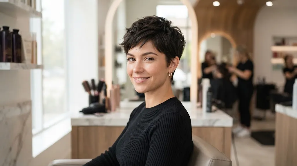 Modern short textured crop haircut with defined ends and root lift for women and men