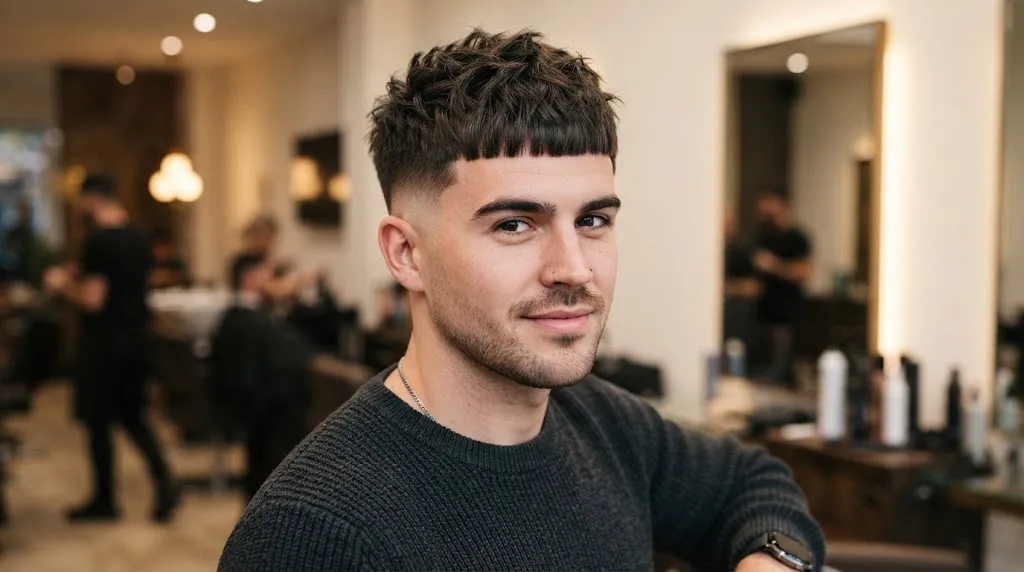 A stylish man with a modern textured French crop haircut and blunted fringe designed to balance a wide forehead.