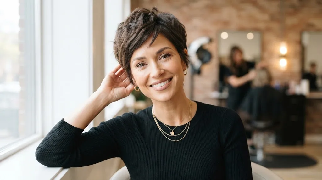 A stylish woman with a modern textured pixie bixie haircut featuring soft piece-y layers around the face in natural daylight