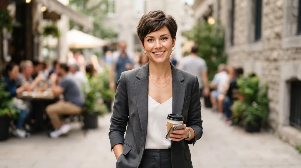 Stylish woman with a short textured pixie cut and tapered neckline showcasing modern hair styling