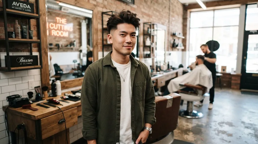 A stylish Asian man showcasing a modern two-block haircut with textured volume on top and clean tapered sides in a professional setting.