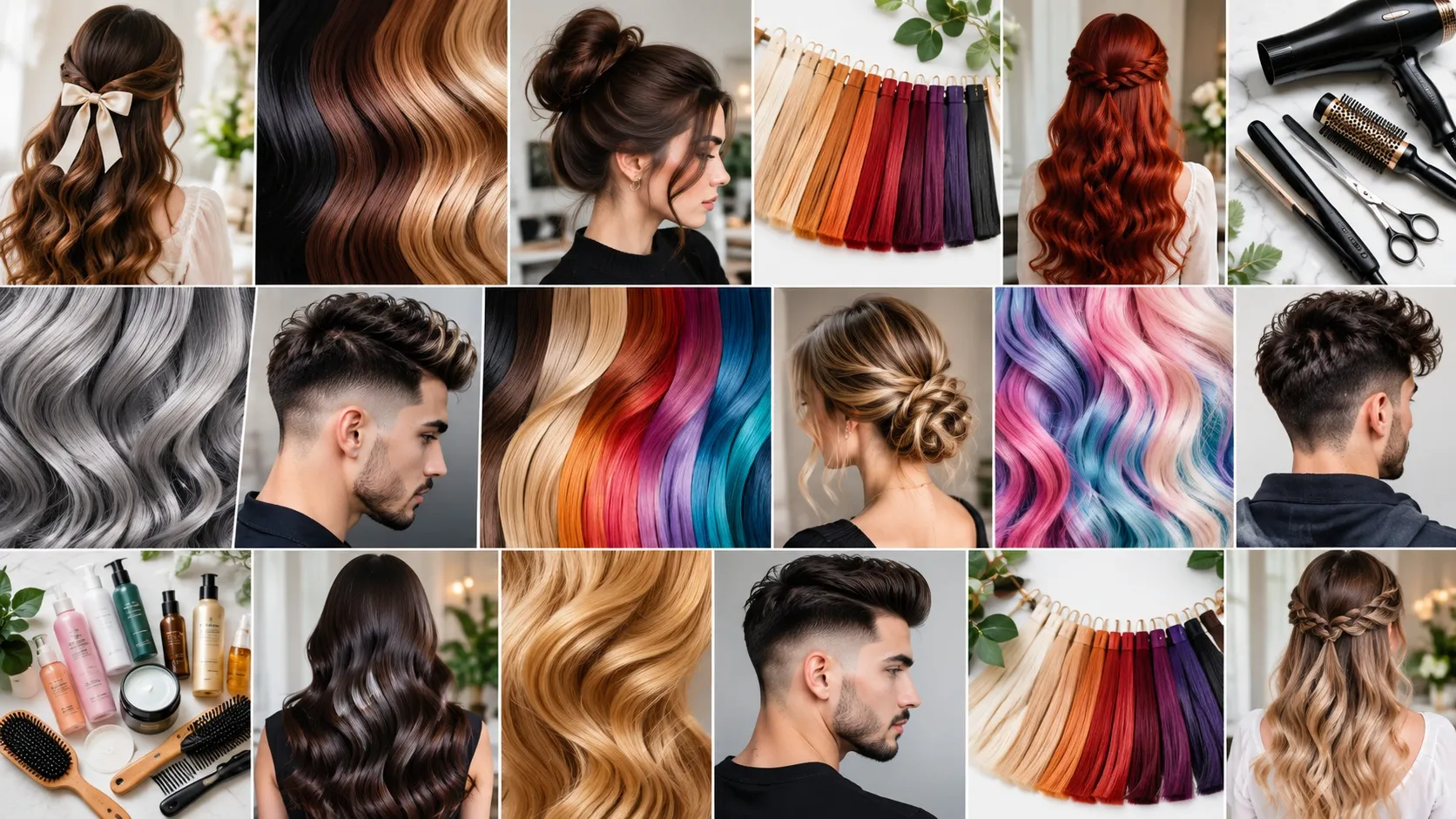 A close-up texture background of natural, flowing human hair strands in diverse colors including brown, black, blonde, and red, suitable for design and wallpaper.