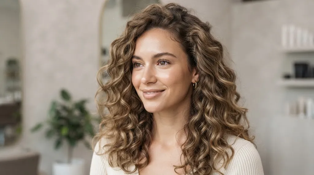Close-up shot of a woman displaying natural 2A to 3A light curly hair texture with soft, defined S-waves and bounce.