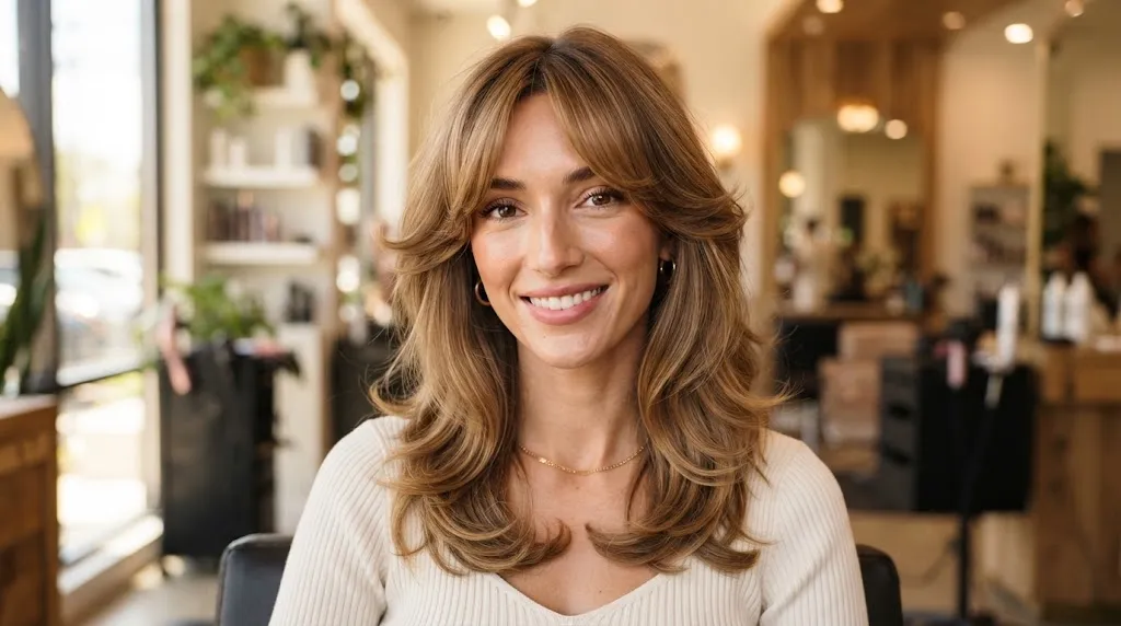 Professional haircut for naturally long and thin face with voluminous side waves and curtain bangs adding width