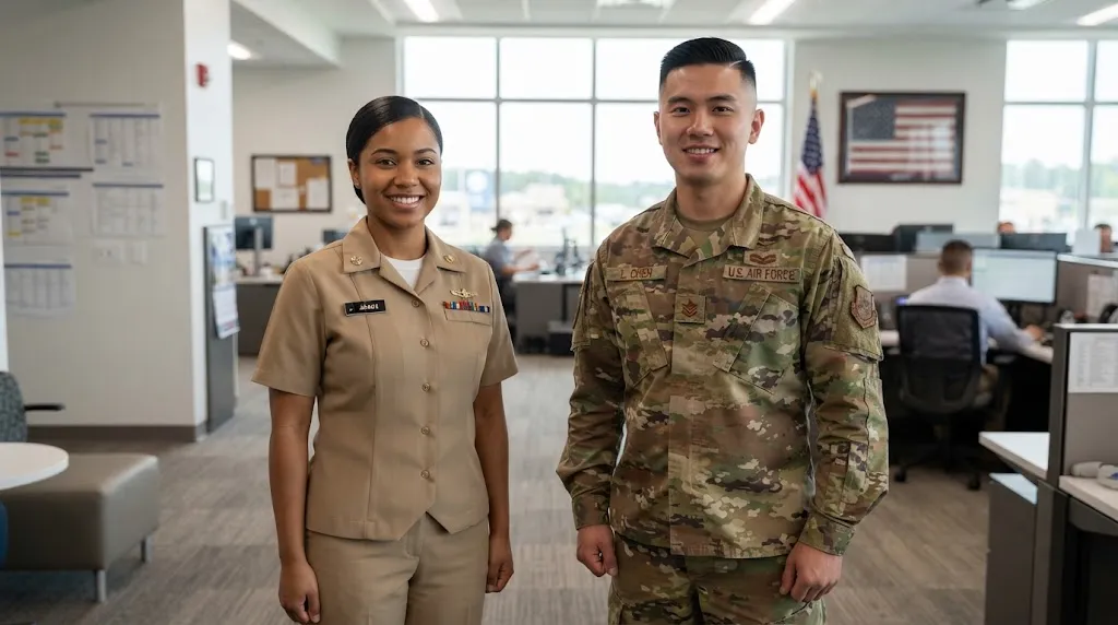A professional service member showcasing a neat, regulation-compliant military haircut with clean tapered sides and proper bulk limits for Navy and Air Force standards.