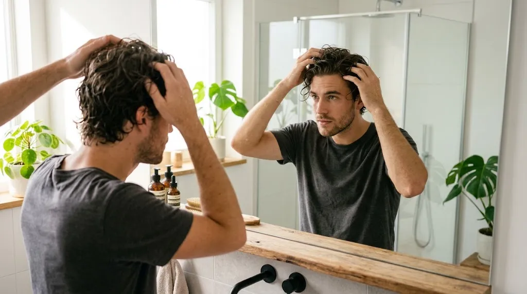 Young man scrunching his damp hair in front of a bathroom mirror to get natural wavy hair without heat