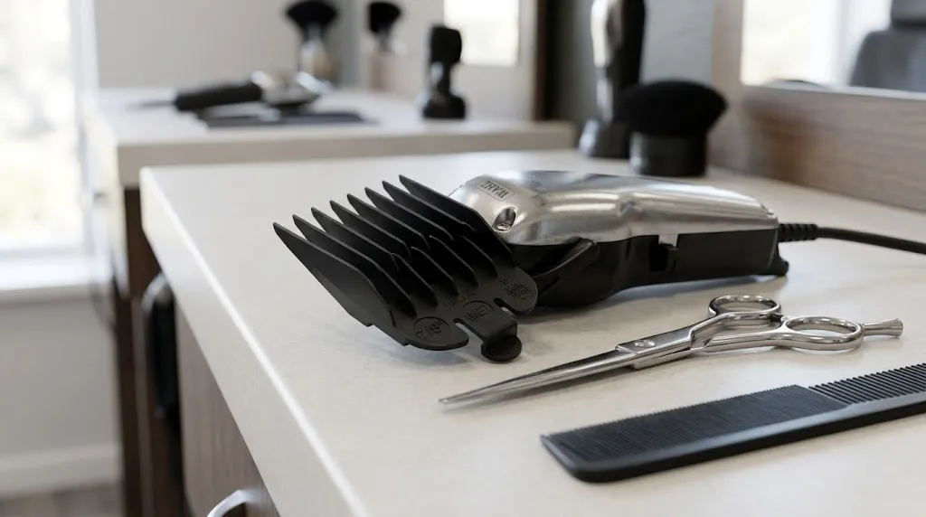 Close-up view of a professional hair clipper with a number 7 clipper guard attachment (7/8 inch) on a barber salon table