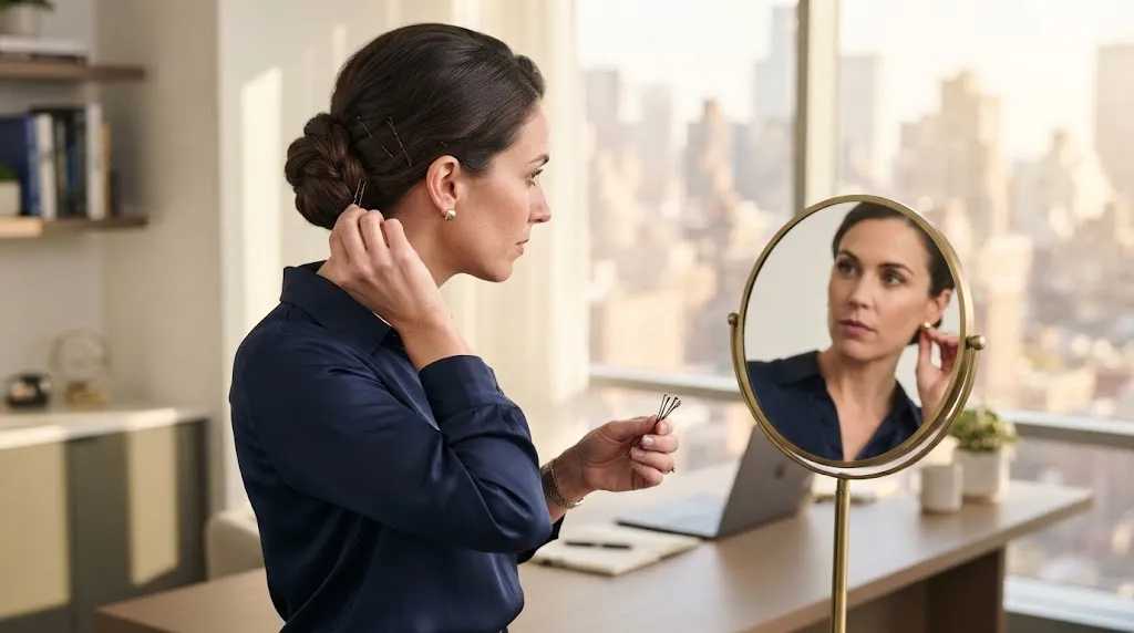 A professional woman setting and locking her polished office hairstyle with bobby pins in a sunlit modern workplace.