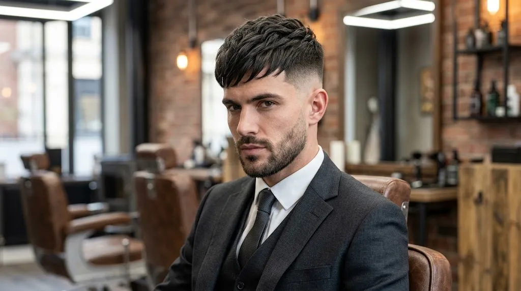 Modern Peaky Blinders haircut featuring a sharp skin undercut on the sides with a textured crop top styled forward