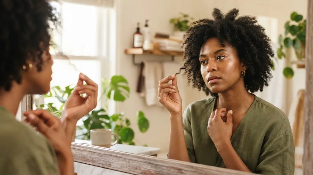 A person looking in the mirror and comparing their natural hair texture to find a matching hairstyle