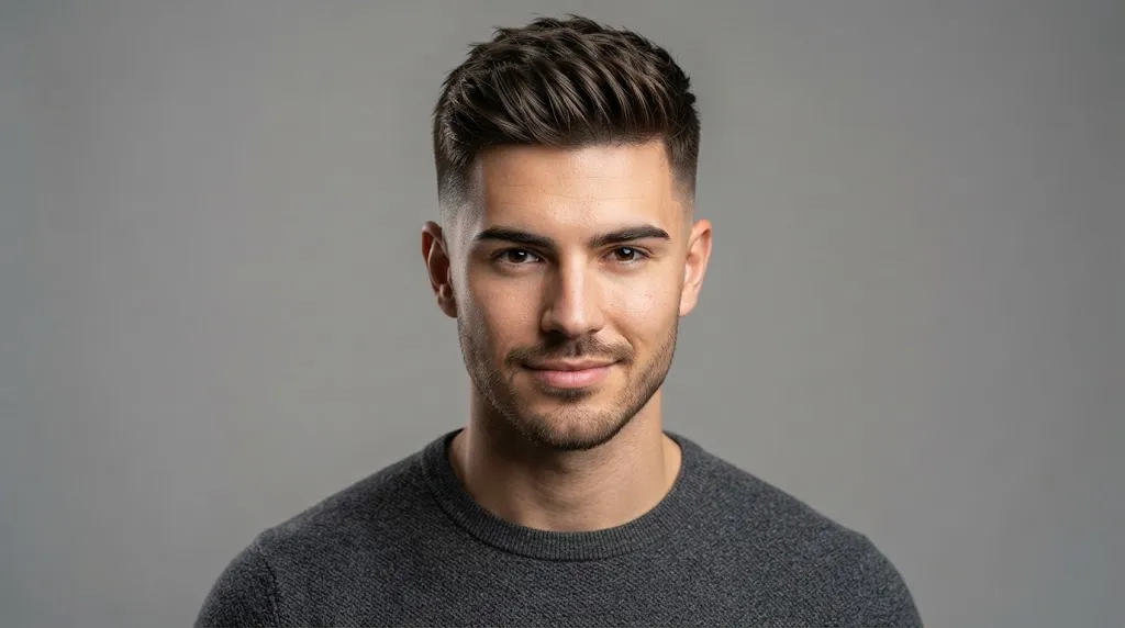 Professional male hair model showcasing a clean pomade hairstyle for short hair with natural shine