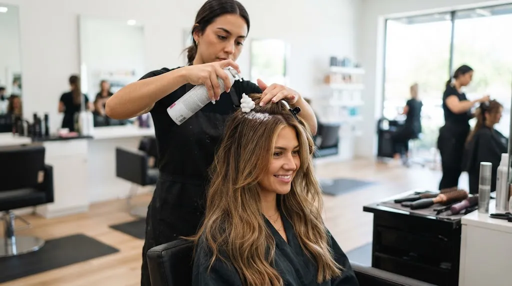 A professional hairstylist demonstrating product selection and application technique on long layered hair in a bright salon