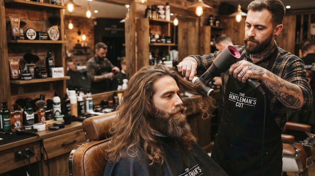 Professional barber carefully trimming and styling a man's long hair and full beard in a modern barbershop