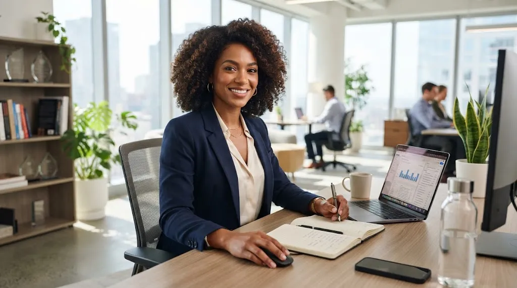 Professional Black woman with beautifully defined curly and natural hair working in a modern office environment.