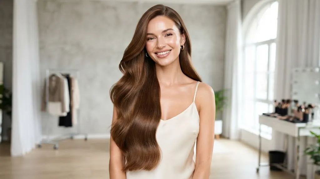 Professional hair model with long, healthy, glossy hair showcasing natural shine in a modern photo studio.