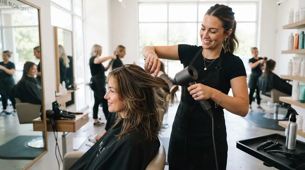 Professional hairdresser styling layered hair with a round brush and blow dryer in a modern salon