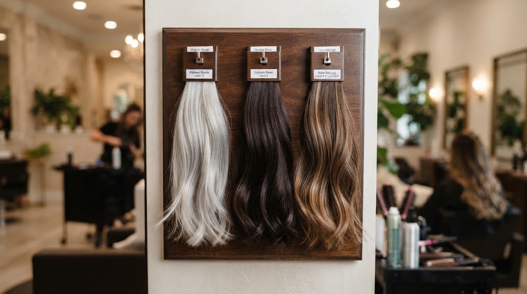 Vibrant professional hair color swatches displaying platinum blonde, deep espresso brown, and warm balayage highlights with natural textures in a salon setting.