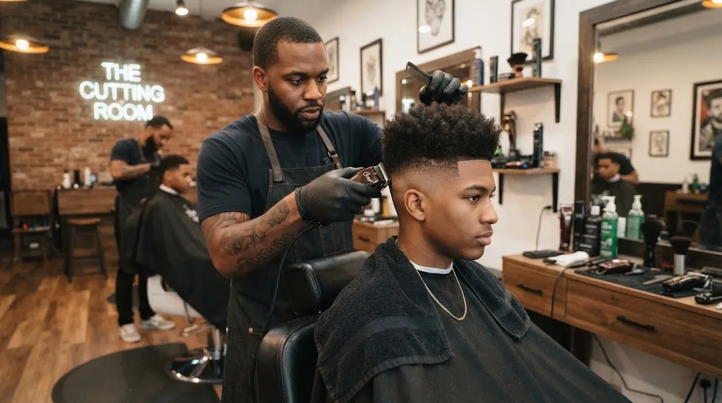 Professional barber precision-cutting a sharp high-top fade hairstyle on tightly coiled hair in a modern barbershop