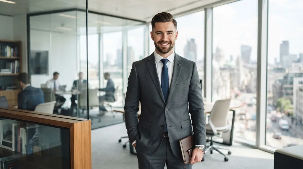 Professional man with a neat side-swept hairstyle and sharp tapered sides designed for a round face in an office setting