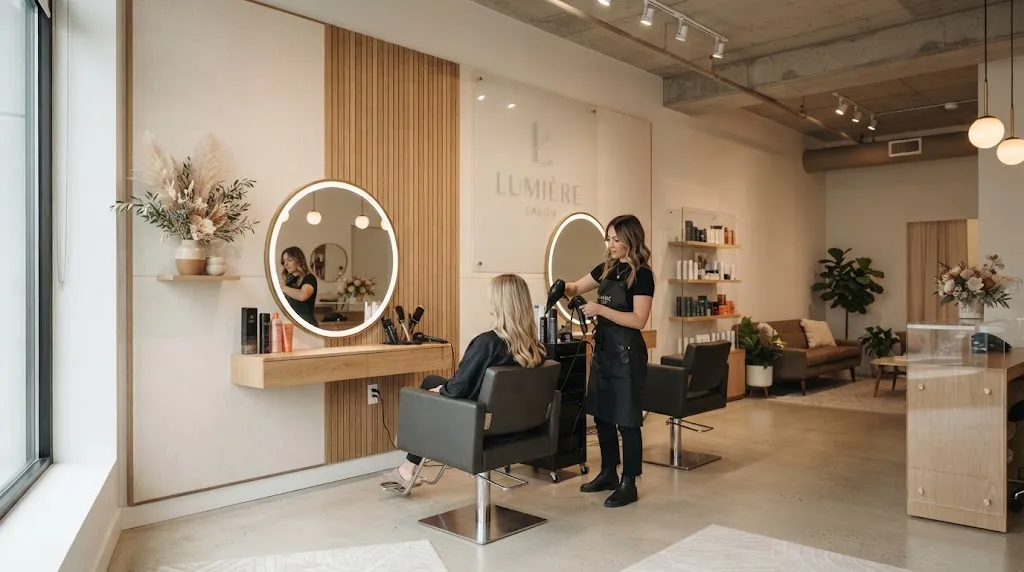 Professional modern salon studio setup featuring textured canvas backdrops, minimalist acrylic sheets, and natural wood panels for hair photography.