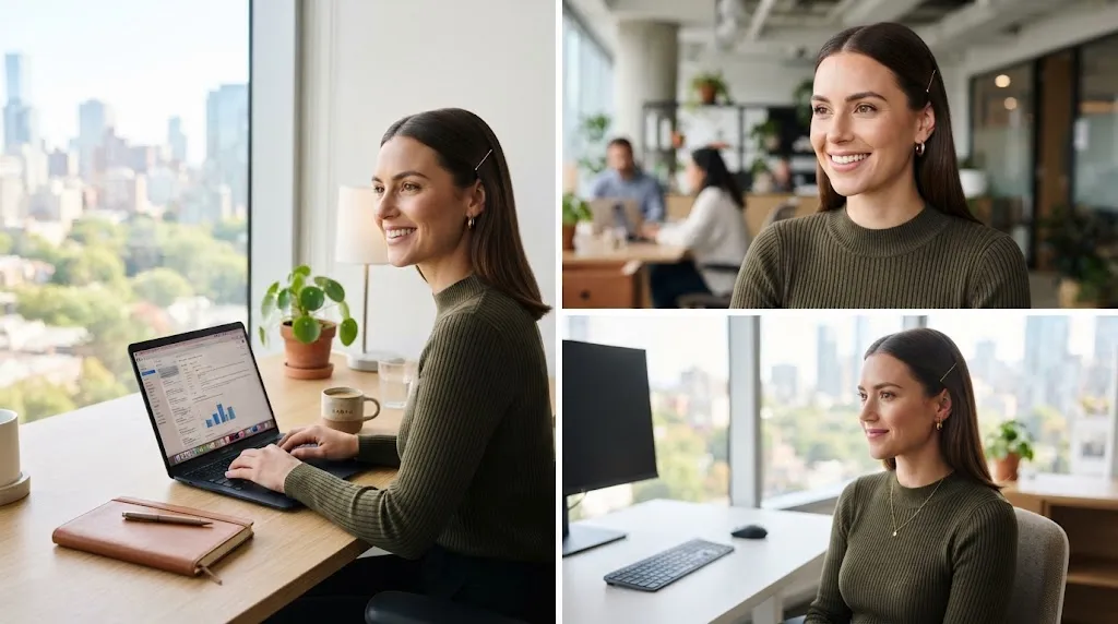 Professional woman with polished side-sweep and pin hairstyle sitting at an office desk in natural morning light