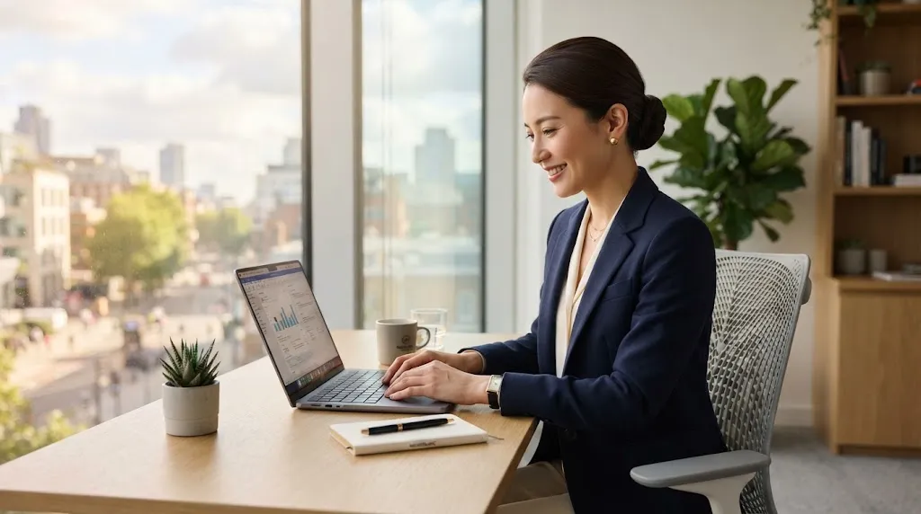 Professional woman with a polished low chignon office hairstyle sitting at a desk with natural window light