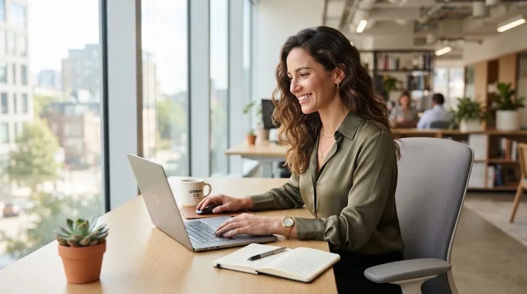 A professional woman with beautiful natural wavy hair sitting at a modern office desk near a window.
