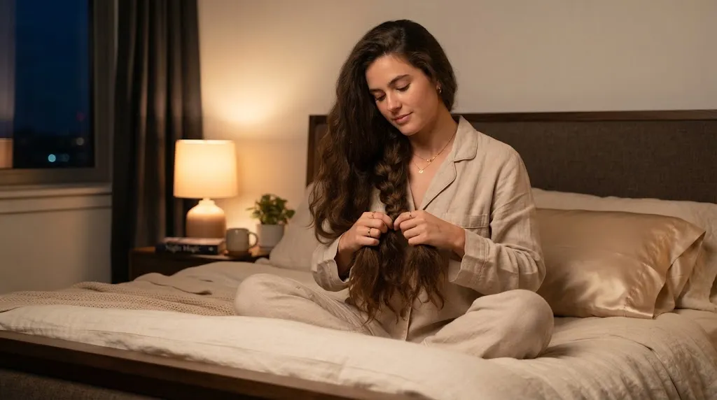 A woman with long thick hair gently braiding her hair in a cozy bedroom for her nighttime protective routine.