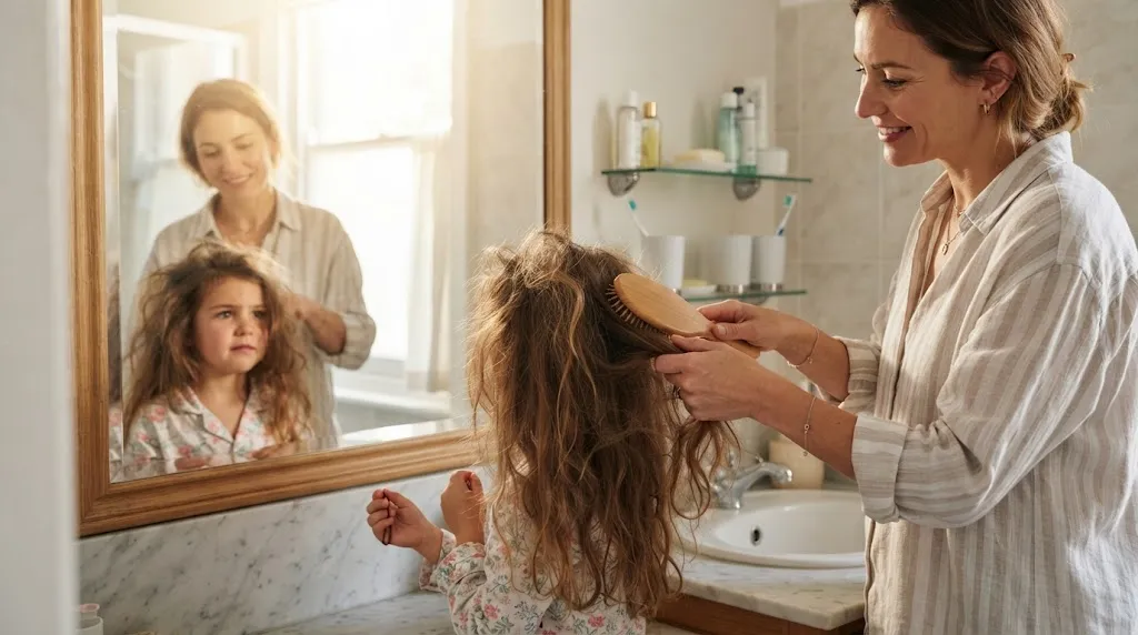 A mother gently helping her daughter detangle and style her hair in the morning, illustrating common hair management challenges.