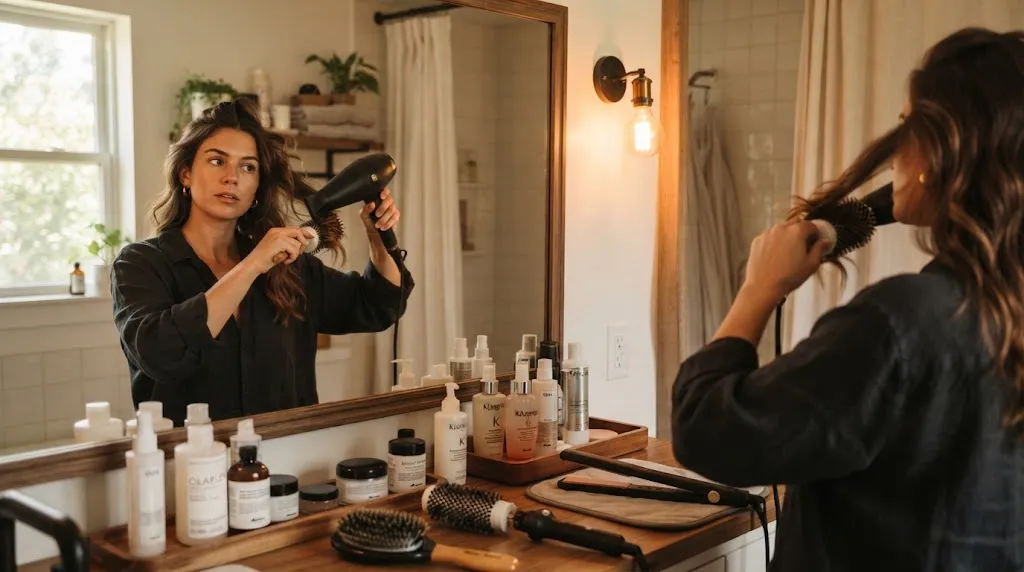 A person dealing with hair styling challenges in front of a mirror, representing real user hair care problems and solutions.