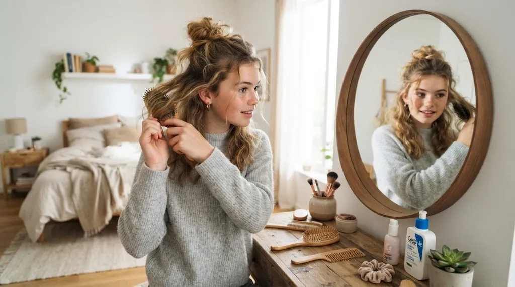 A teenager quickly styling her hair in a stylish half-up claw clip look for a rushed morning routine in a bright bedroom.