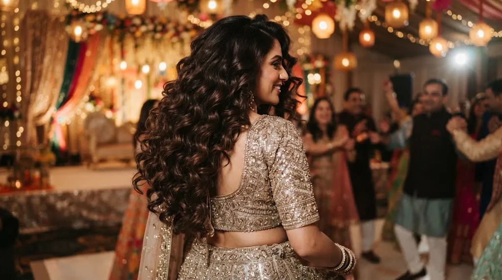 Stunning voluminous curls hairstyle for an Indian Sangeet night with warm festive background lighting