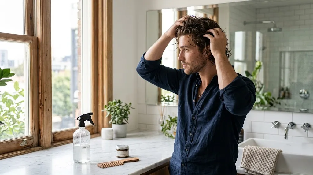 A man with medium damp hair scrunching his strands upward with sea salt spray bottle on a bathroom counter to create natural waves.
