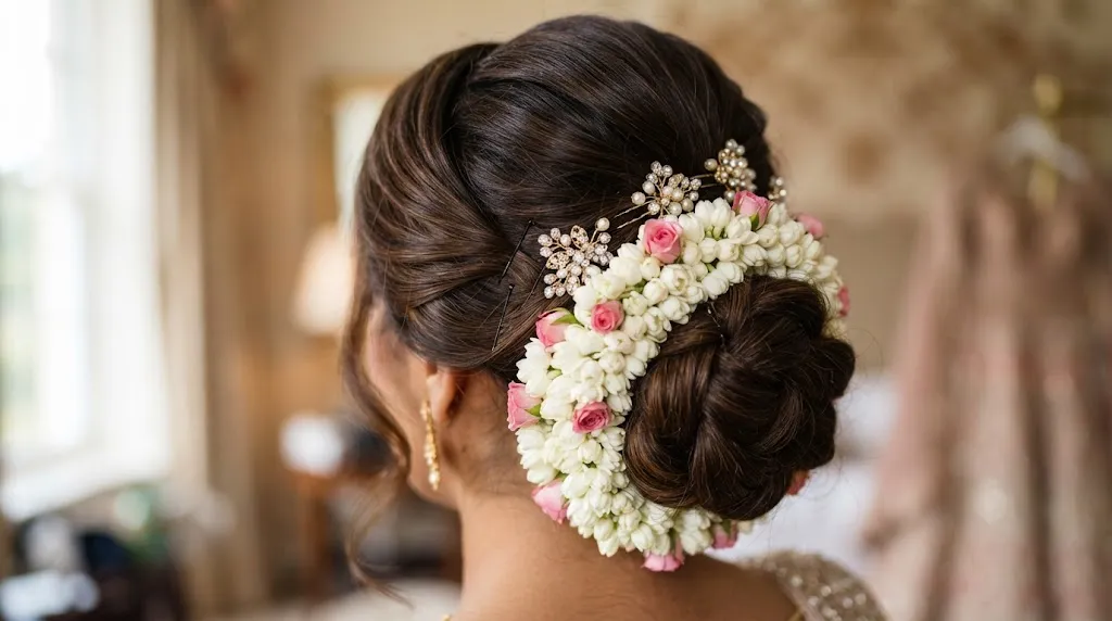 Close-up of secure accessory placement with jeweled pins and floral gajra in a polished updo hairstyle