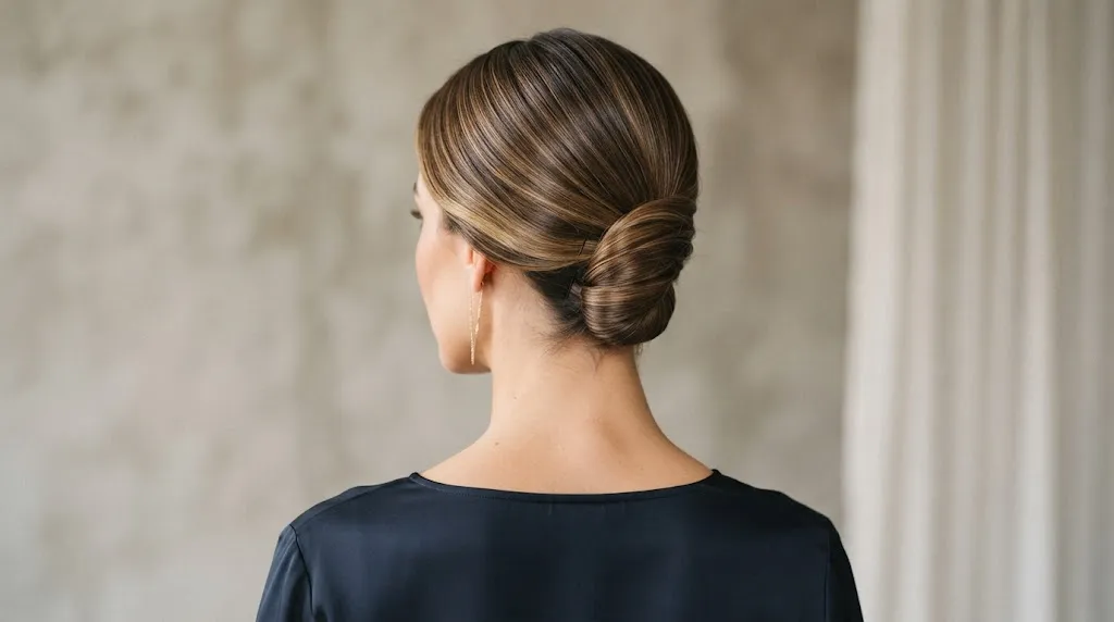 A sleek and elegant secured low French twist hairstyle on medium-length hair styled for a professional or formal occasion.