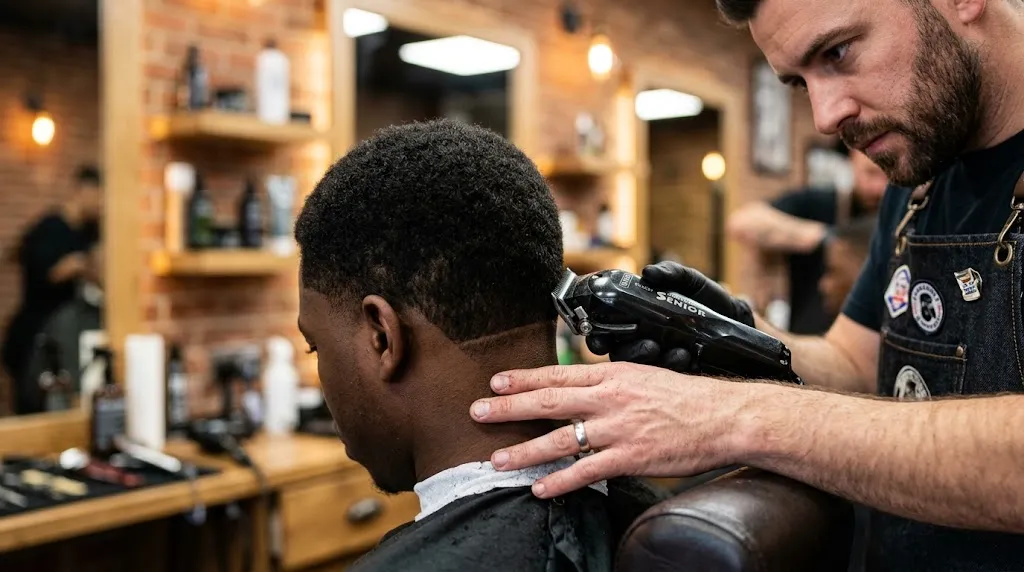 Professional barber using precision hair clippers to set a clean base fade guideline on a male client's hair in a modern barbershop