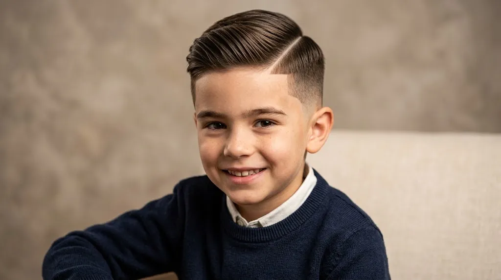 Stylish young boy showcasing a modern Seven Cut hairstyle on smooth straight hair