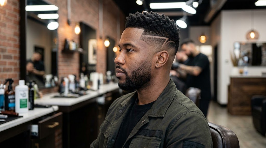 A stylish man showcasing a sharp and clean 7 fade haircut with precise temple line design in a modern barbershop setting