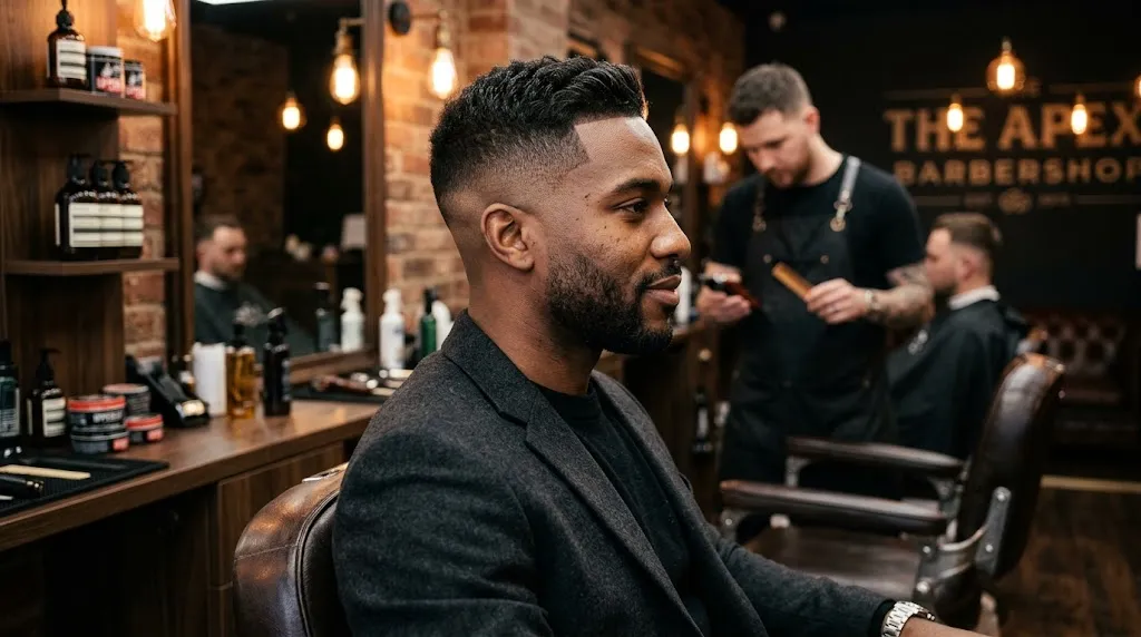 Sharp modern Seven Haircut fade style side profile in a luxury barbershop setting