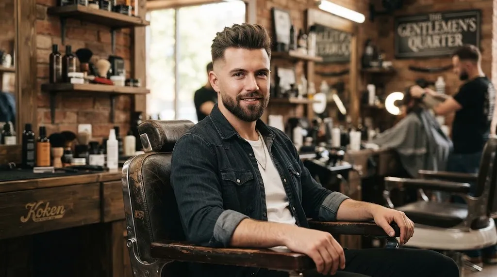 A sharp short pompadour hairstyle with a clean mid skin fade and textured top lift