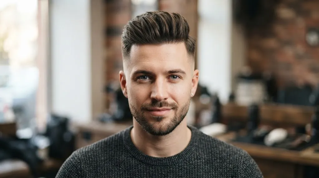 short pompadour hairstyle with clean mid skin fade and textured top lift