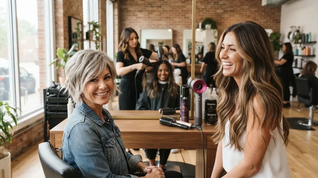 A professional side-by-side comparison showcasing short textured haircuts versus long layered styles to balance a wide forehead.