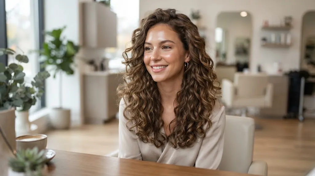 A woman with a beautiful shoulder-length haircut showcasing soft, bouncy light curls and natural spiral texture.