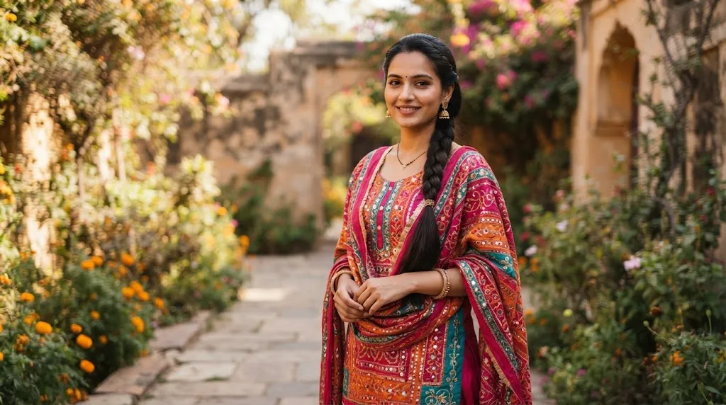 A young Indian woman with long dark hair styled in an elegant side braid wearing a traditional salwar suit