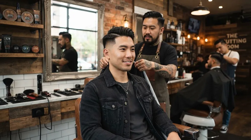 A stylish Asian man showcasing a modern side-part taper haircut with a clean fade and textured top in a barbershop