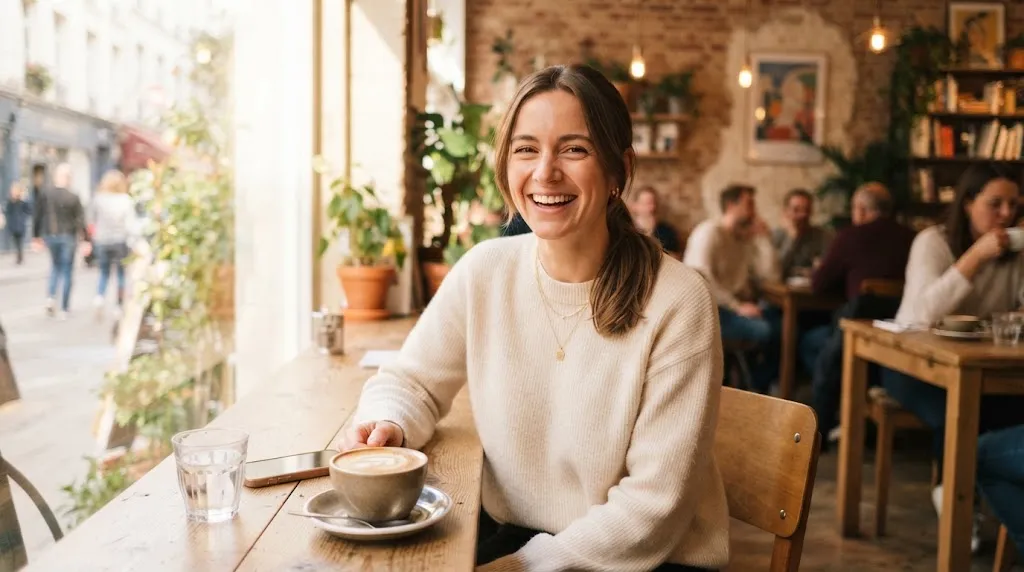 A smiling woman with a simple everyday hairstyle featuring a clean low ponytail in a bright setting